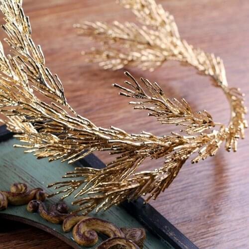 Baroque Greek Hair Tiaras Big Metal Queen Leaf Hairbands Women Gold Crown Head Jewelry Bridal Wedding Hair Accessories