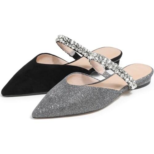 2021 Genuine Leather Insole Sandals Glitter Bling Casual Slide Shoes Slip on Pumps Women Fashion Pointed Toe Lady Mules Slippers