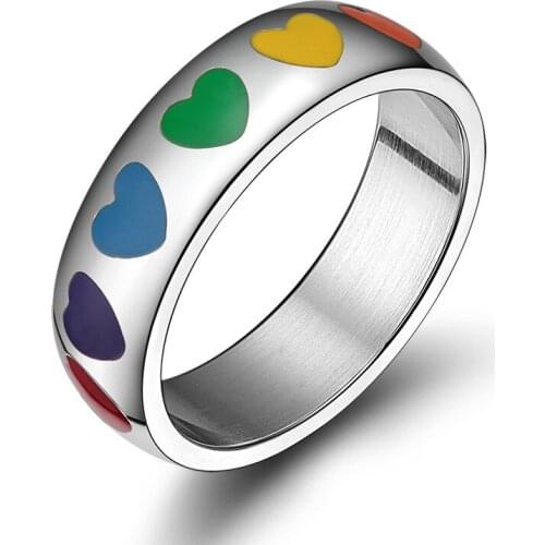 Titanium Steel Romantic Personality Women Lesbian Wedding Ring Stainless Steel Female Gay Pride Rainbow Heart Bands Jewelry