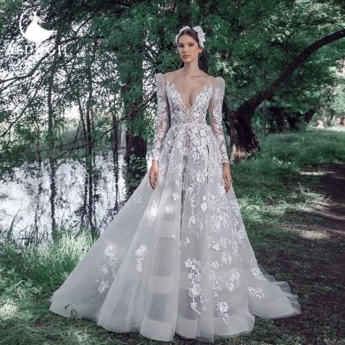 Aedmgh A-Line Romantic Wedding Dresses 2021 V-Neck Long Sleeve Vestido De Novia Lace Appliques Illusion 3D Flowers Bridal Gown