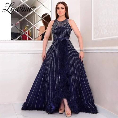 Abendkleider Heavy Beaded Customized Navy Blue Feathers Evening Dresses Vestidos De Fiesta Dubai Arabic Formal Party Dress Abiye