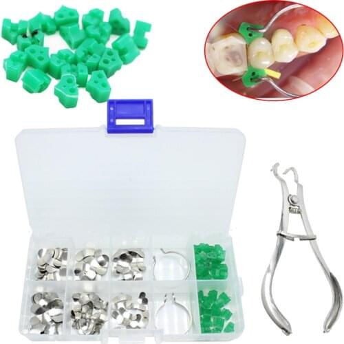 100Pcs/box Dental Sectional Contoured Matrices Matrix Ring+40Pcs Delta Wedges Autoclavable Elastic Rubber Fixing Wedges