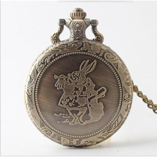1120) 12pcs/lot vintage bronze Alice in Wonderland design Necklace Quartz Pocket Watch, Dia 1.77"