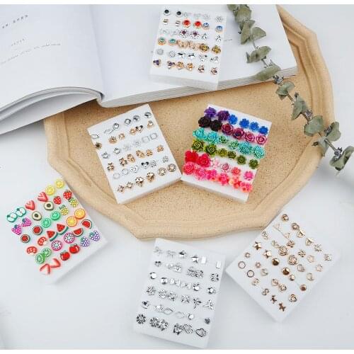 18 pairs Mix Style Gold Silver Color Rhinestone Crystal Flower Stud Earrings Set For Women Girls Small Plastic Earrings Brincos