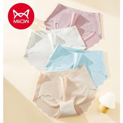 MiiOW Ice Silk Seamless Underwear Womens Spring and Summer Thin Breathable Girl Cotton Antibacterial Crotch Mid-waist Briefs