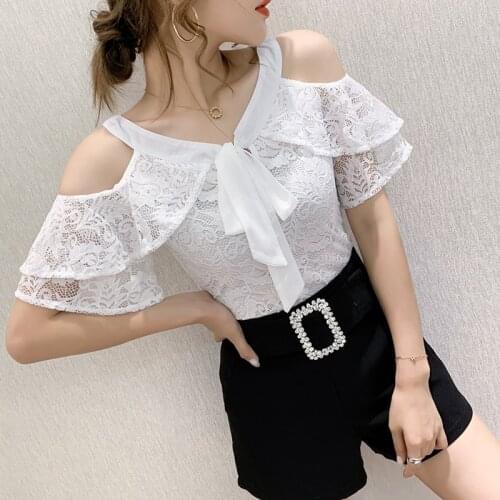#5959 White Black Lace T Shirt Sexy Short T-shirt Female Ruffles Sleeve Off Shoulder T Shirt For Women Summer Womens Tee Shirts