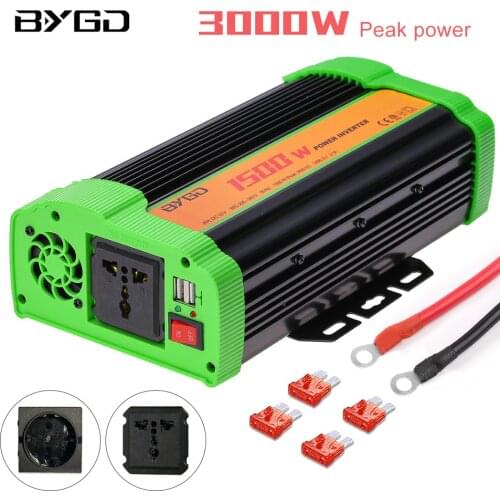BYGD 3000W Peak 1500W Rated Power Inverter DC 12V To AC 220V 230V Voltage Converter 2.1 A Quick Charge USB Port Universal Socket