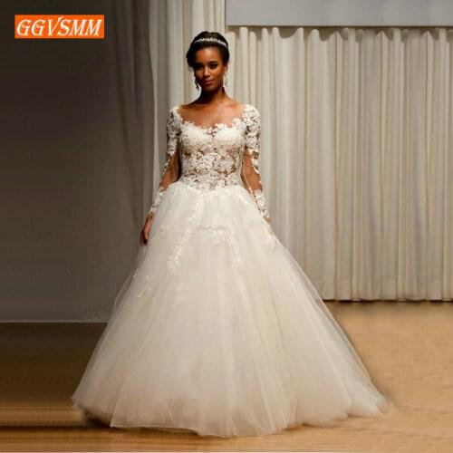 Noble White Ball Gown Wedding Dress Long Sleeve Lace Applique Floor Length Bridal Dresses Tulle Sweep Train Ivory Wedding Gowns