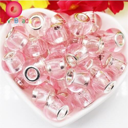 10Pcs Pink Glass Beads Round Loose Large Hole Spacer Beads Silver Plated Fit Pandora Bracelet Charm Necklaces for Jewelry Making