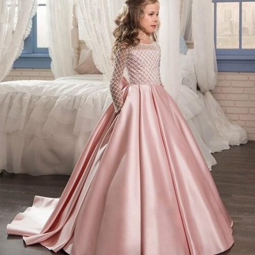 Customized Flower Girl Dresses Long Sleeves First Communion Dress Pink Ball Gowns for Kids Glitz 0-14