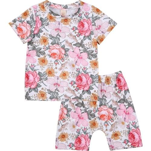 Infant Kids Baby Girls 2Pcs Clothes Set Short Sleeve Floral Printed T shirt Tops with Printed Short Pants 1-6Y