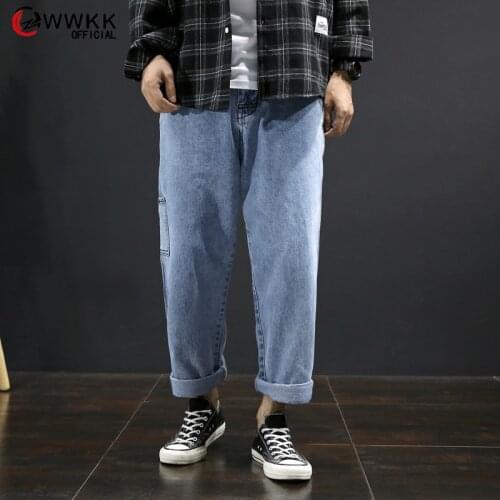 WWKK 2020 Boyfriend Jeans For men Wide Leg Pants High Waist Jeans Loose men Denim Pants Male Light Blue Autumn Jeans Trousers