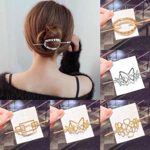 Elegant Vintage Geometric Hair Sticks For Women Girl Korean Metal Hollow Gold Silver Hair Clips Hair Accessories 2021 New Trendy