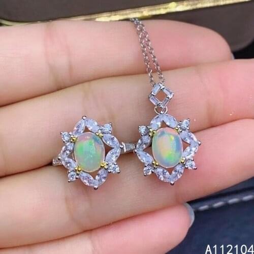 KJJEAXCMY Fine Jewelry 925 Sterling Silver Inlaid Natural opal women exquisite classic flower Ring Pendant Set Support detection