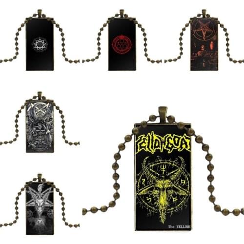 Classic Satan Pentagram Occult Evil For Woman Vintage Statement Design Fashion Vintage Glass Women Rectangle Necklace Pendants