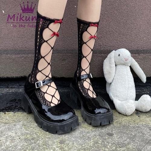 Harajuku Gothic Lolita Sweet Hollow Out Bow Lace Socks Women Girls Summer Thin Knee High Elastic Socks Black White