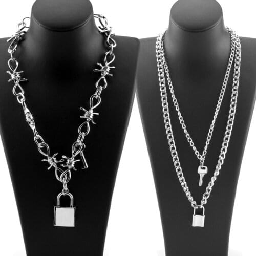 Fashion Padlock Pendant Necklace For Women Love Friends Jewelry Key Padlock Layered Chain Necklace Punk Unisex Collare