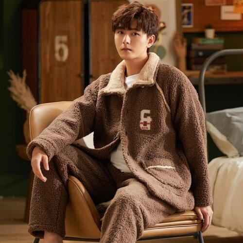 Ｍens Ｗinter Coral Flannel Warm Full Sleeve Brown Colour Sleepwear Pajamas Set