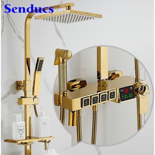 Gold Thermostatic Shower Set Quality Brass Bathtub Mixer Tap Faucets Rainfall Shower Head Golden Digital Bath Shower Mixer Set