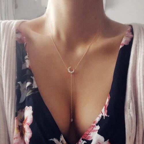 2020 new Christmas gift cz crescent moon star charm long sexy women lariat Y shape necklace 925 sterling silver