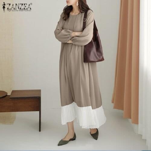 ZANZEA Stylish Spring Dress Womens Pleated Sundress Puff Sleeve Stiching Mid-Calf Vestido Female Casual O neck Robe Oversized