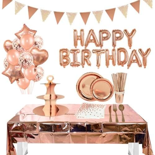 Rose Gold Party Disposable Tableware Set Paper Plate Cup Kids Adult Birthday Wedding Bachelorette Party Decoration Baby Shower