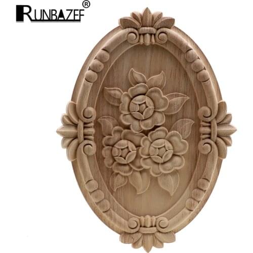 RUNBAZEF Rose Wood Carving Cabinet Door Heart Flower Applique Furniture Accessories Relief Solid Elliptical Figurine