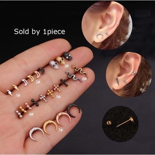 1piece Snake Skull Earrings Tragus Upper Lobe Pinna Helix Piercing Unisex Stainless Steel 6mm Length