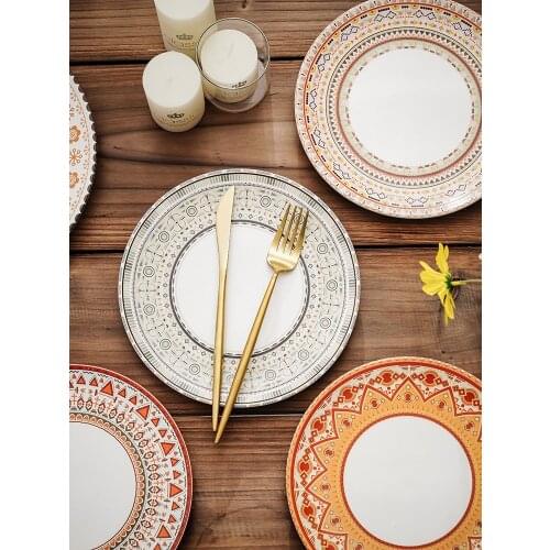 Bohemian Style Plate Western Steak Plate Creative Personality Ceramic Disc Dishes Home Retro Fruit Plate Salad Plate