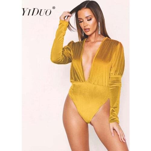 YiDuo 2020 Spring Long Lantern Sleeve Deep V-Neck Bodycon Bodysuits Sexy Velvet Jumpsuits Womens Rompers Club Party Wear Black