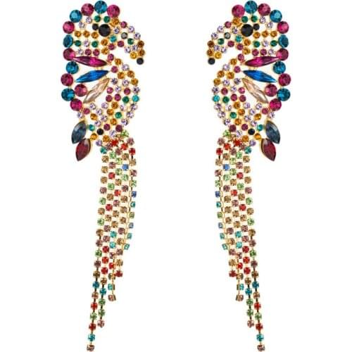 Bright Multicolored Parrot Dangle Earrings Long Full Rhinestone Tassel Drop Earrings for Women ZA Bird Luxury Ear Jewelry ET1316