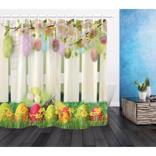 Easter Eggs Polyester Shower Curtain Wooden Fence Bathroom Flowers Waterproof Washable Fabric Grass Bath Curtains for Home Decor