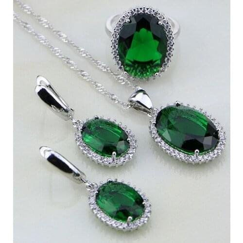 Green Emerlad White Mystic Stones Sterling Silver Jewelry Sets For Women Wedding Sliver Earrings/Pendant/Necklace/Ring