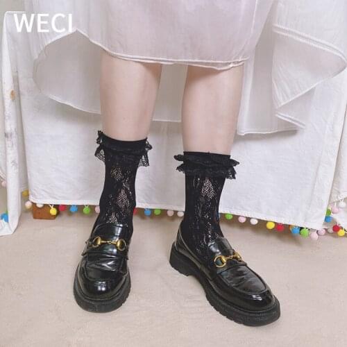 WECI Women Lolita Lace Cute Socks Black White Ruffled Mesh Princess Anime Short Stockings Nylon Japanese Maiden Soft Girl Summer