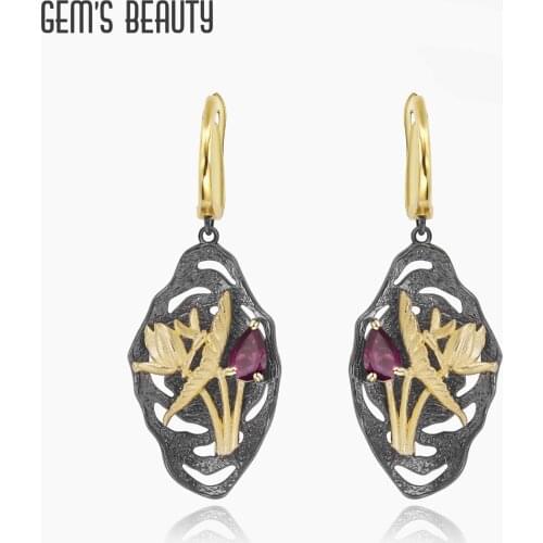 GEMS BEAUTY 925 Sterling Silver 18K Gold Filled Earring For Women Flower Dragonfly Handmade With Natural Rhodolite Earring