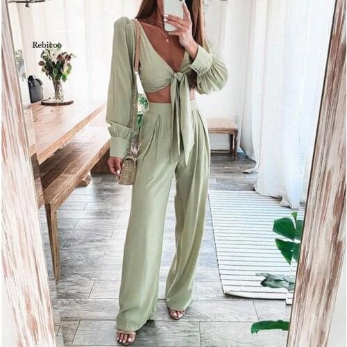 Summer Sexy V-Neck Lace-Up Women Pants Sets Loose Casual Crop Tops Wide Leg Long Trousers Outfits Office Lady Summer Elegant New