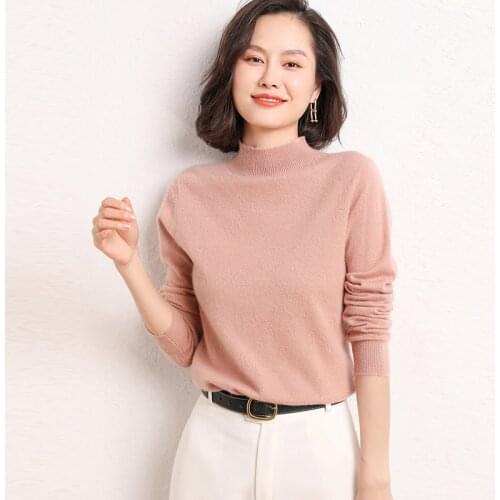 2021 winter new ladies pullover casual solid color 100% wool sweater half high collar cashmere sweater plus size ladies Tops