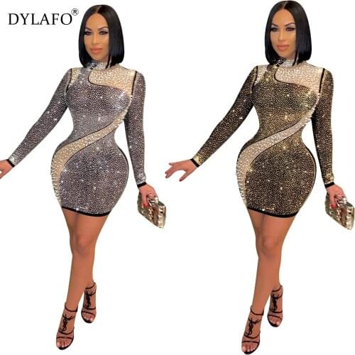 Women High Round Neck Hot Drill Mesh Splicing Bodycon Midi Dress Vestidos Long Sleeve zipper Party Club Dresses 2021 New