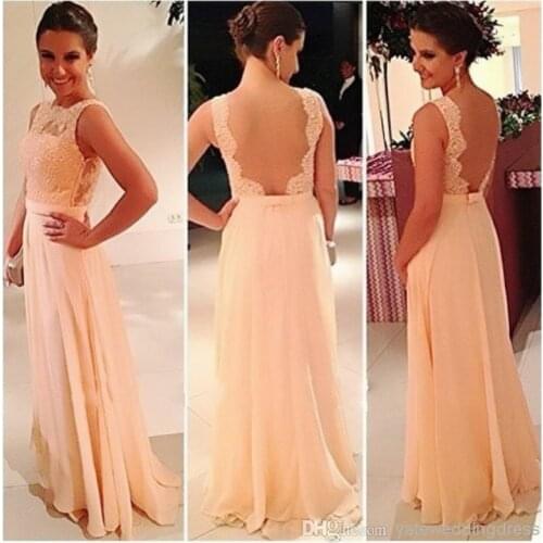 2015 Vestidos De Festa Long Bridesmaids Dresses Illusion Nude Tulle Back Chiffon A line Wedding Party Gowns Arabic Crew Neck