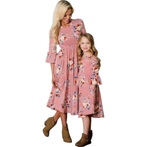 1 PC Summer Family Clothes Mother Daughter Beach Sundresses Women Girls Three Quarter Sleeve Fit and Flare Long Dress