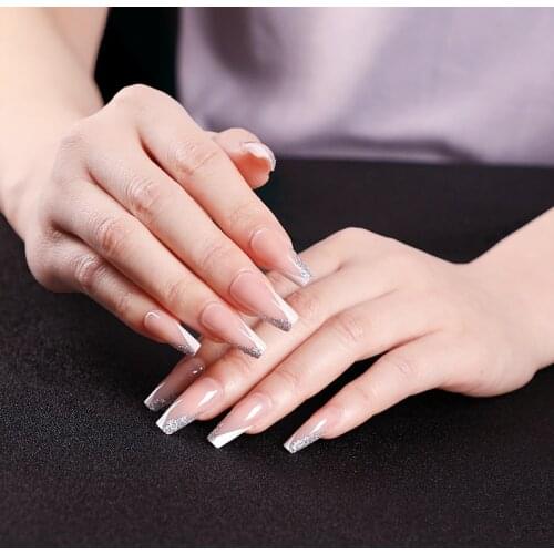 24pcs Asymmetric French False Nails Skin Color Gold Foil Press On Fake Nails Purple Powder Lavender Gradient Ballet Nail Art