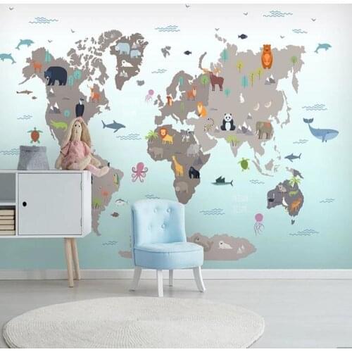 3D Carton Animal World Map Wallpaper Murals for Living Room Bedroom Art Wall Decals Contact Paper Roll 3d Wall Murals Custom