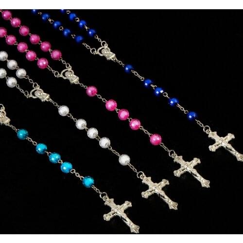 Christ Jesus Cross Crystal Handmade Beaded Long Chain Rosary Cross Necklace, Beads and Beads Blessed Bead Necklace. 8 mm.48pcs