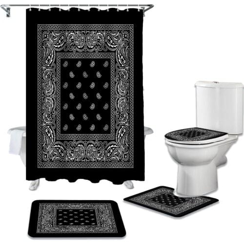 Bathroom Shower Curtain and Rug Sets Bandana Pattern Toilet Lid Cover Bath Mat Waterproof Shower Curtains Set