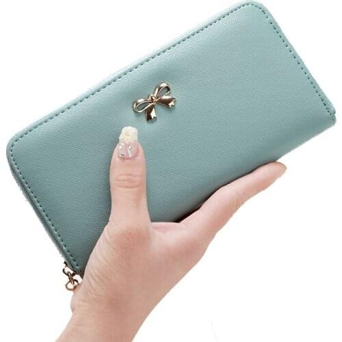 10PCS / LOT 2018 New Long Clutch Wallet Fashion Zipper Bowknot Leather Coin Bag Phone Purse Female Cards Holder Wallets