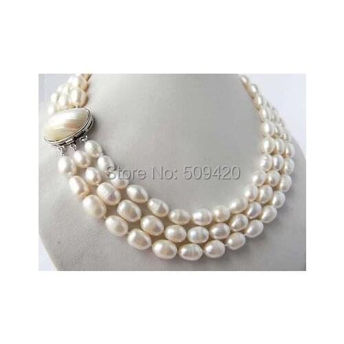 Free Shipping >>>>3Strands 18'' 9.5mm White Rice Freshwater Pearl Necklace