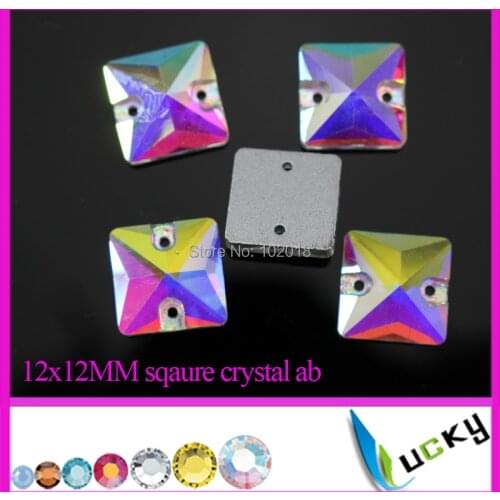 100pcs 12x12MM Clear AB coating color sew on stones good quality flat back rhinestones square shape Crystal freeshipping