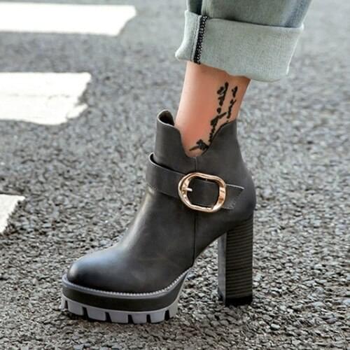 PXELENA Women Gothic Boots 2019 Winter Plus Size 34-42 Buckle Zip Block Chunky High Heels Punk Rock Lady Party Office Shoes Chic