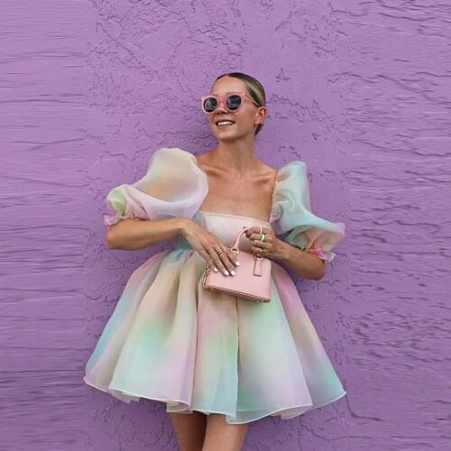 Multi Colors Puffy Tulle Mini Party Dress With Sleeves Pleated Draped Short Prom Gown Plus Size Girl Formal Gowns Custom Made