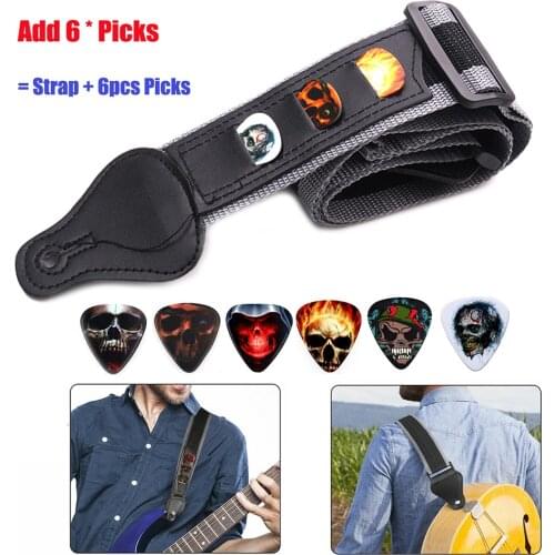 Adjustable Electric Guitar Strap with 3 Guitar Picks Holders Acoustic Guitar Bass Strap Belt Pocket with 6 Picks Accessories